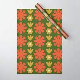 Scandi Floral Grid Retro Pattern Green Ochre Orange Cream Wrapping Paper