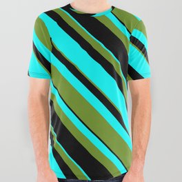 [ Thumbnail: Green, Black, and Aqua Colored Lined Pattern All Over Graphic Tee ]