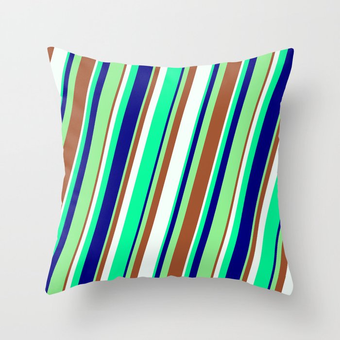 Eye-catching Light Green, Sienna, Mint Cream, Green, and Blue Colored Stripes/Lines Pattern Throw Pillow