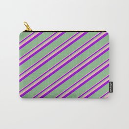 [ Thumbnail: Light Pink, Dark Violet & Dark Sea Green Colored Lined Pattern Carry-All Pouch ]