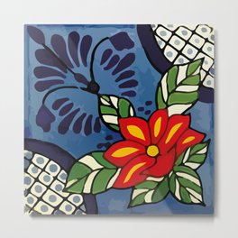 Vintage boho chic blue flower colorful mexican tile folk art  Metal Print | Spanishstyle, Vintagemexican, Backgroundpattern, Talaveratexture, Colorfulfloral, Rusticpainted, Hacienda, Classicceramic, Drawing, Decorativewall 