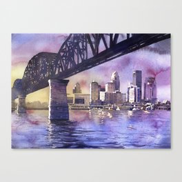 Louisville, KY skyline at sunset.  Watercolor painting of Louisville, Kentucky skyline at sunset Canvas Print