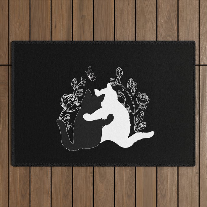 Black and white cats,floral decor Outdoor Rug