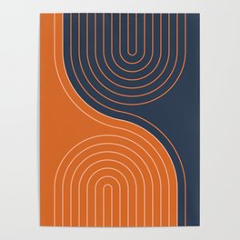 Geometric Lines in Navy Blue and vintage Orange 2 (Rainbow and Arch Abstract) Poster
