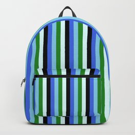 [ Thumbnail: Eyecatching Royal Blue, Sky Blue, Forest Green, Light Cyan, and Black Colored Lines/Stripes Pattern Backpack ]