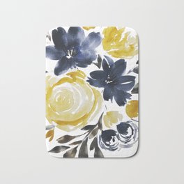 Navy and Yellow Loose Watercolor Floral Bouquet Bath Mat