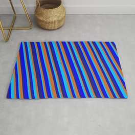 [ Thumbnail: Midnight Blue, Chocolate, Deep Sky Blue & Blue Colored Striped/Lined Pattern Rug ]
