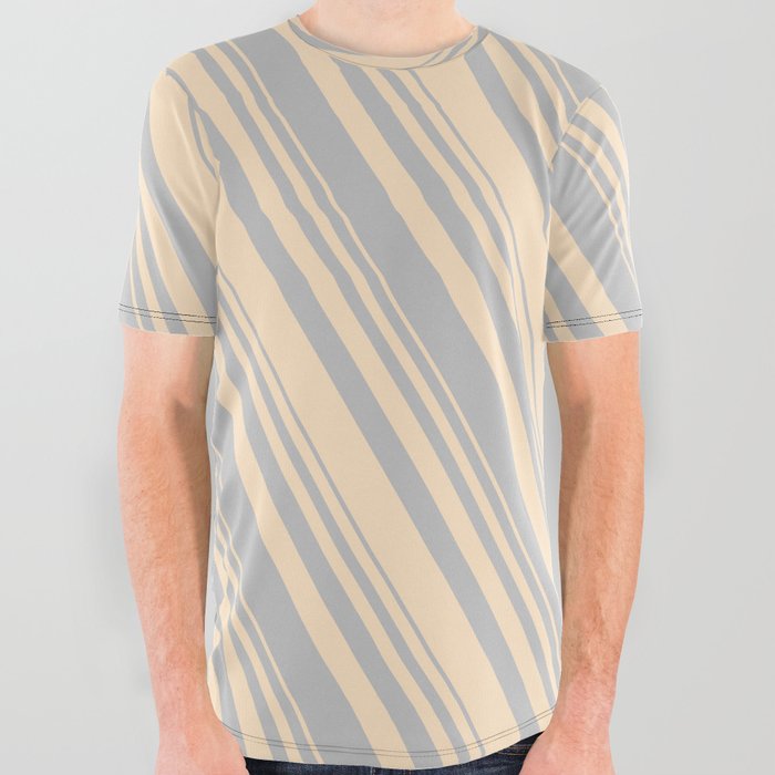Grey & Bisque Colored Lined/Striped Pattern All Over Graphic Tee