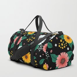 Colorful Spring Flowers Pattern in Black Background Duffle Bag