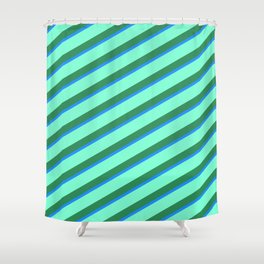 [ Thumbnail: Aquamarine, Sea Green & Blue Colored Stripes Pattern Shower Curtain ]