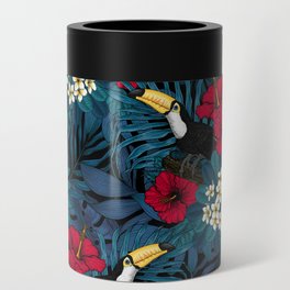Toucans and tropical flora, green and red Can Cooler