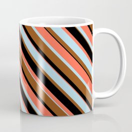 [ Thumbnail: Red, Light Blue, Brown, and Black Colored Lines/Stripes Pattern Coffee Mug ]