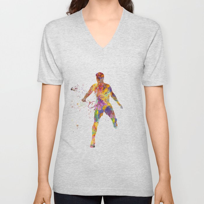 Watercolor badminton player V Neck T Shirt