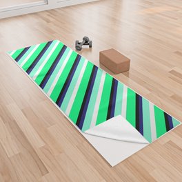 [ Thumbnail: Eyecatching Green, White, Aquamarine, Midnight Blue & Black Colored Stripes Pattern Yoga Towel ]