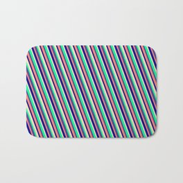 [ Thumbnail: Colorful Tan, Green, Dark Slate Blue, Salmon & Dark Blue Colored Lined/Striped Pattern Bath Mat ]