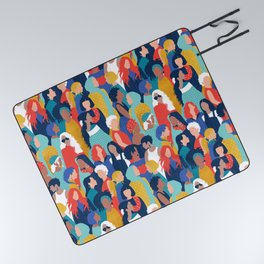 Every day we glow International Women's Day // midnight navy blue background teal, mint, electric blue neon orange red and gold humans  Picnic Blanket
