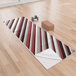 [ Thumbnail: Red, Dark Grey, Mint Cream, and Black Colored Pattern of Stripes Yoga Towel ]