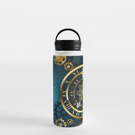 Steampunk Golden Clock on Turquoise Background Water Bottle
