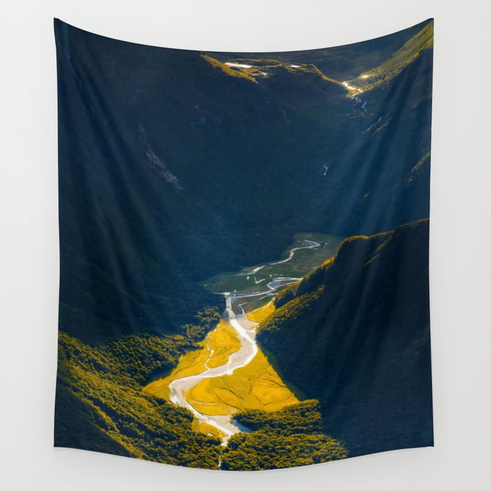 Secret Hidden Mountain Valley Aerial View Of Green Mountain Landscape Morning Sunlight Wall Tapestry By Enshape