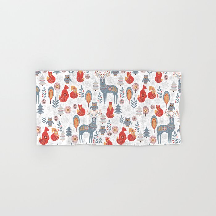 Seamless pattern with winter forest, deer, owl and Fox. The Scandinavian style. Hand & Bath Towel