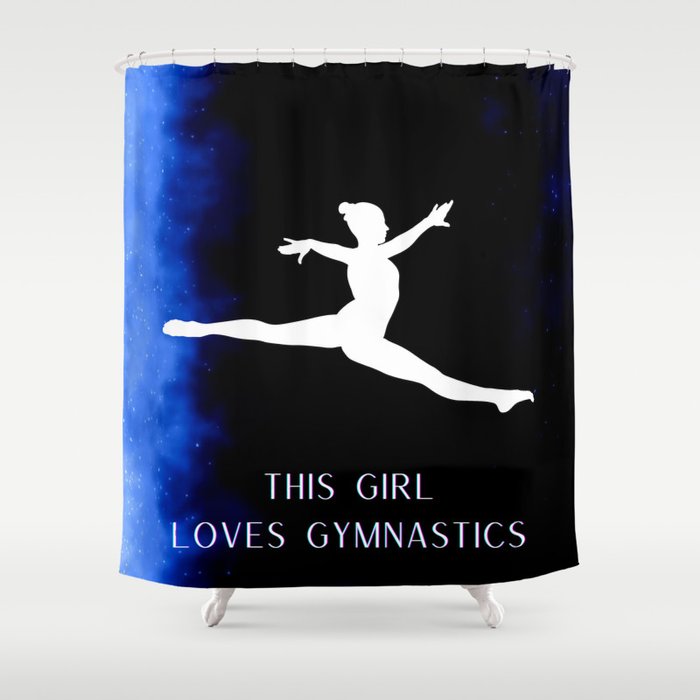 Black White and Blue "This Girl Loves Gymnastics" Leap Shower Curtain