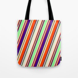 [ Thumbnail: Green, Beige, Red & Indigo Colored Stripes Pattern Tote Bag ]