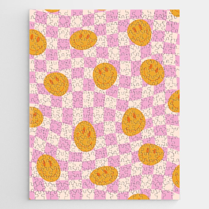 Groovy Smiley Faces on Pastel Pink Twisted Checkerboard Jigsaw Puzzle