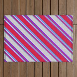 [ Thumbnail: Purple, Crimson, Cornflower Blue, and Light Grey Colored Lined/Striped Pattern Outdoor Rug ]