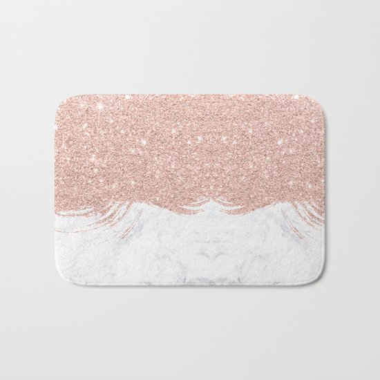 Trendy modern faux glitter rose gold brushstrokes white marble Bath Mat