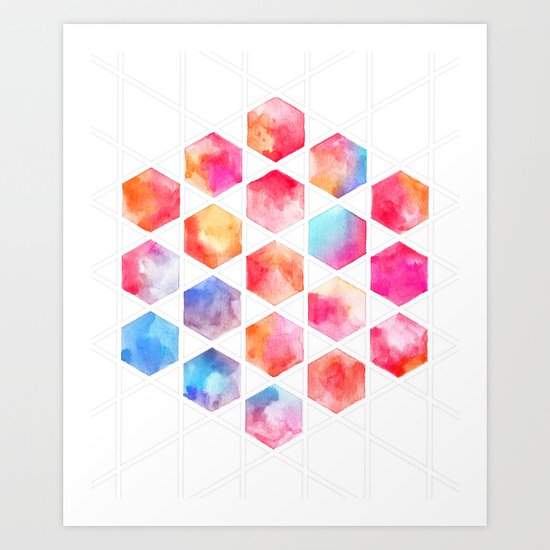 Radiant Hexagons - geometric watercolor painting Art Print