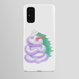Pencil illustration of cute smiling snowman doing yoga, meditation next to christmas tree Android Case