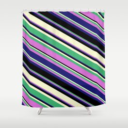 [ Thumbnail: Sea Green, Orchid, Midnight Blue, Black, and Light Yellow Colored Lines/Stripes Pattern Shower Curtain ]