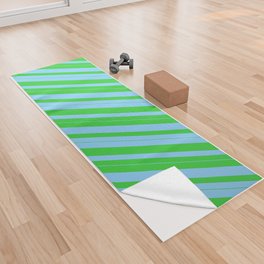 [ Thumbnail: Light Sky Blue & Lime Green Colored Lines Pattern Yoga Towel ]