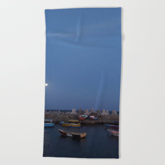 Sunrise at the sea shore - with small fishing boats Beach Towel