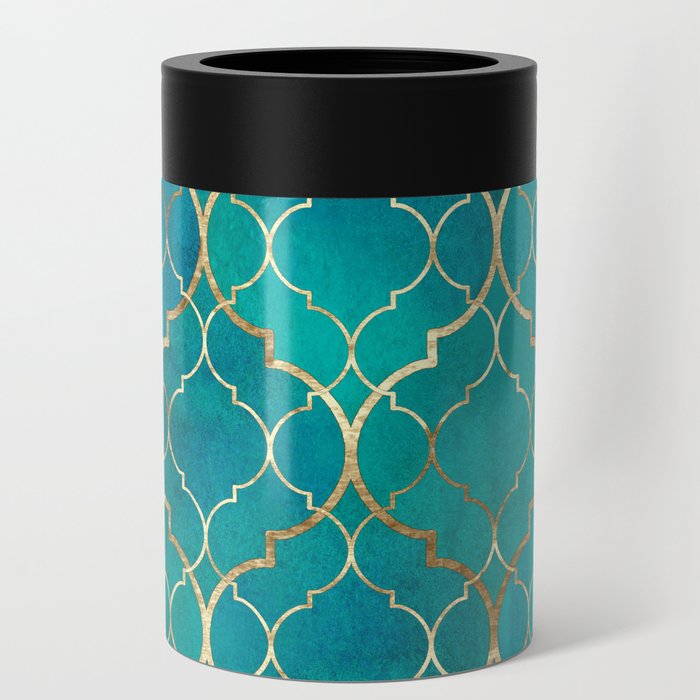 Teal Emerald Golden Moroccan Quatrefoil Pattern Can Cooler