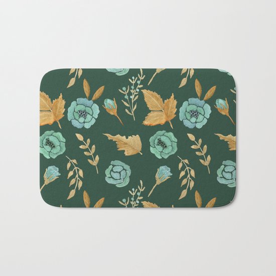Watercolor floral turqiouse roses print Bath Mat