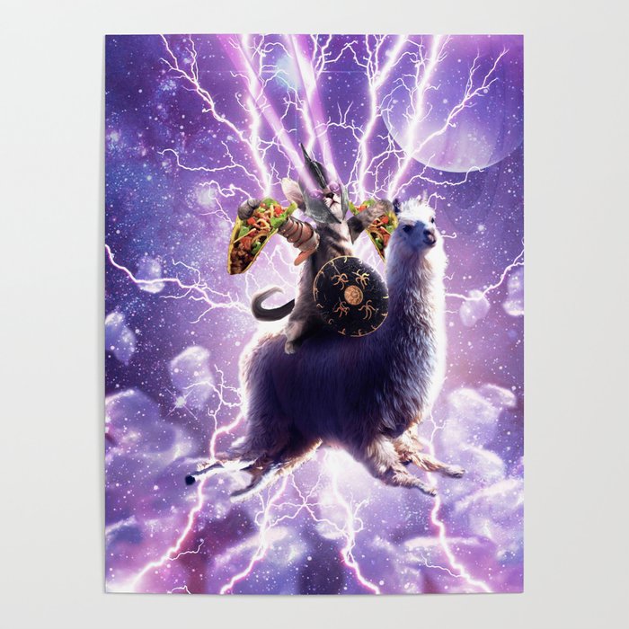 Lazer Warrior Space Cat Riding Llama With Taco Poster