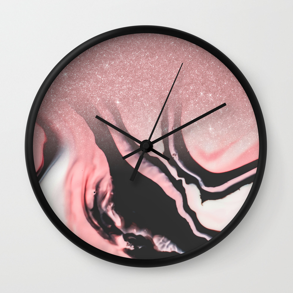 Pink Black White Glitter Painted Marble Ombre Wall Clock