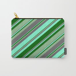 [ Thumbnail: Dim Gray, Aquamarine, Dark Green, and Dark Sea Green Colored Lines/Stripes Pattern Carry-All Pouch ]
