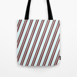[ Thumbnail: Grey, Dark Red & Light Cyan Colored Stripes/Lines Pattern Tote Bag ]