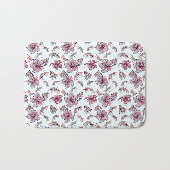 floral pattern, hibiscus flowers and dragonflies Bath Mat