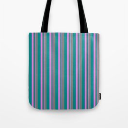 [ Thumbnail: Dark Cyan, Grey, and Violet Colored Stripes/Lines Pattern Tote Bag ]