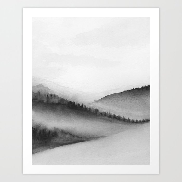 Deep Valley II - Black White Gray Forest Trees Foggy Hills Nature Watercolor Painting Art Print Art Print