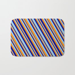 [ Thumbnail: Dark Orange, Dark Blue & Light Sky Blue Colored Lines/Stripes Pattern Bath Mat ]