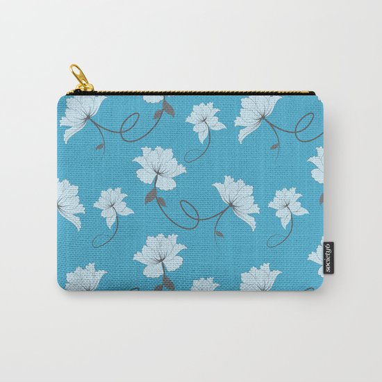 White Flowers on Blue background, floral pattern Carry-All Pouch