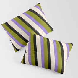 [ Thumbnail: Green, Purple, Beige, and Black Colored Stripes/Lines Pattern Pillow Sham ]