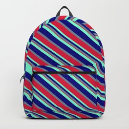 [ Thumbnail: Aquamarine, Blue, Light Slate Gray & Crimson Colored Lines/Stripes Pattern Backpack ]