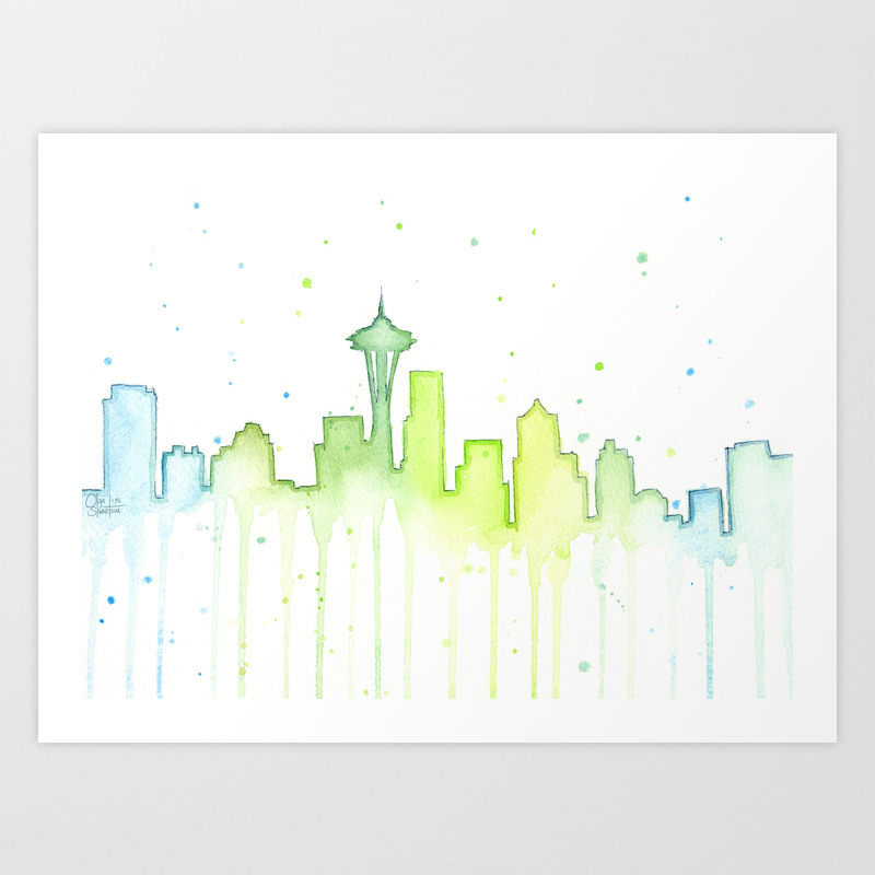 Seattle Skyline Watercolor Space Needle Painting Art Print By