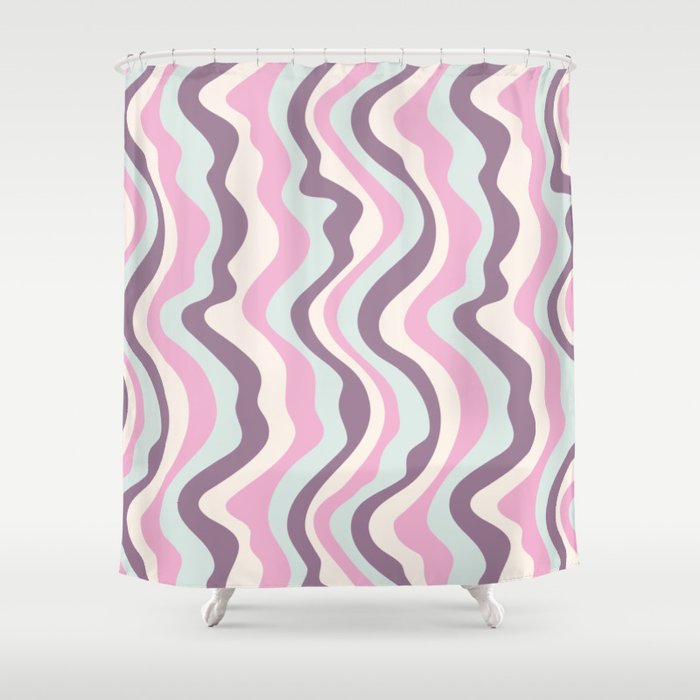 GOOD VIBRATIONS GROOVY MOD RETRO WAVY STRIPES in ORCHID PINK PLUM LIGHT MINT WHITE Shower Curtain