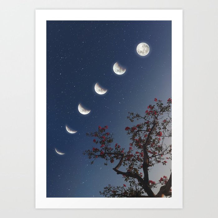 blooming crepe myrtle tree with moon phase Art Print